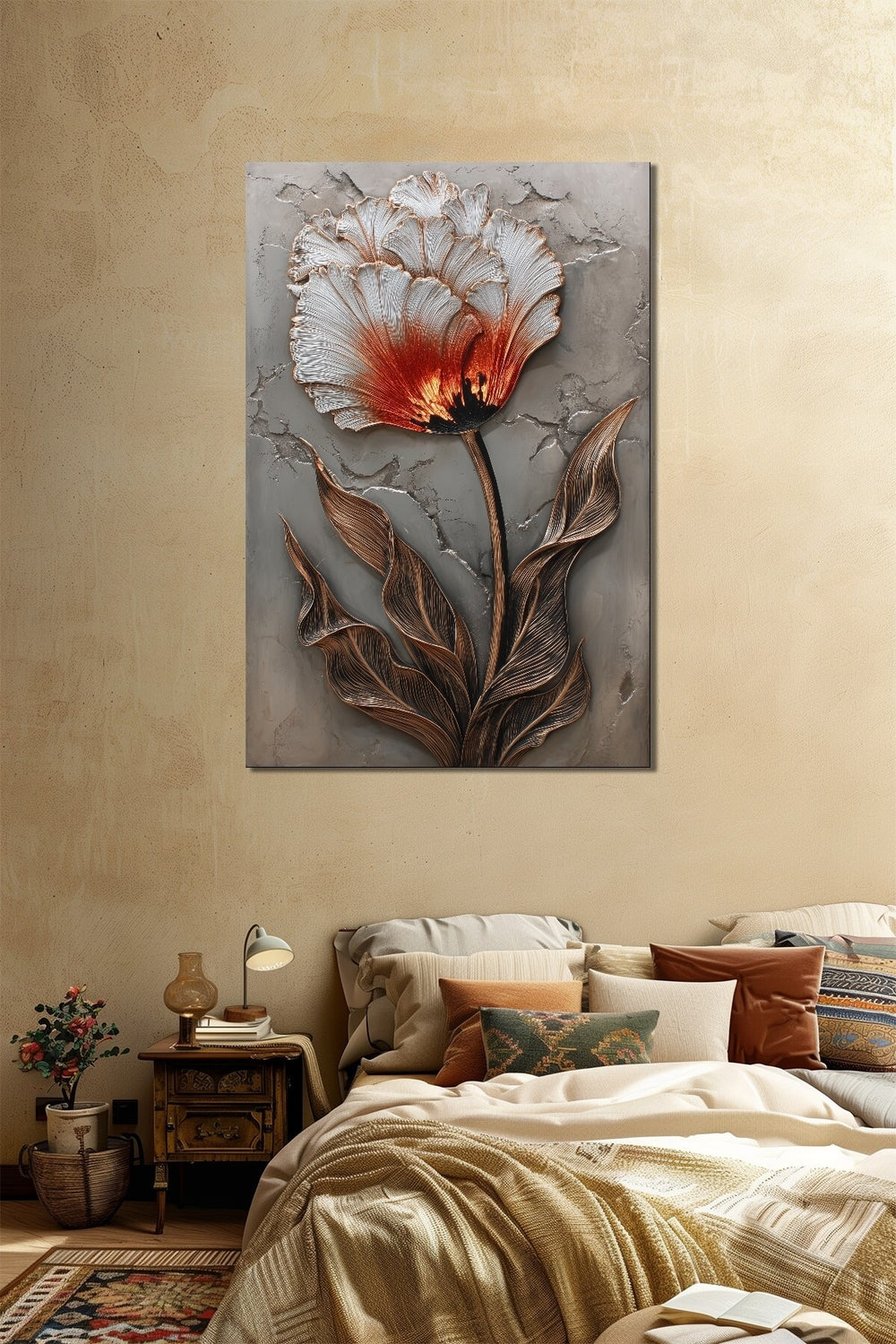 Lale Çiçeği Baskılı Cam Tablo – Modern Kabartma Efektli Floral Duvar Dekoru