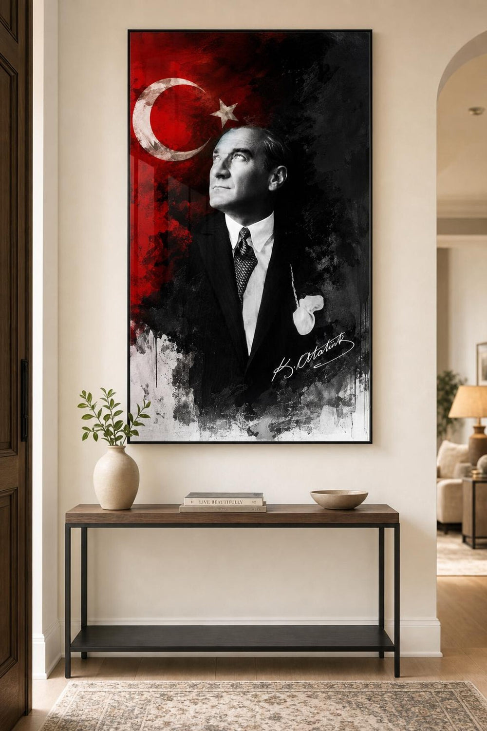 Atatürk Kırmızı Siyah Modern Baskılı Cam Tablo – UV Baskı Dekoratif Duvar Tablosu