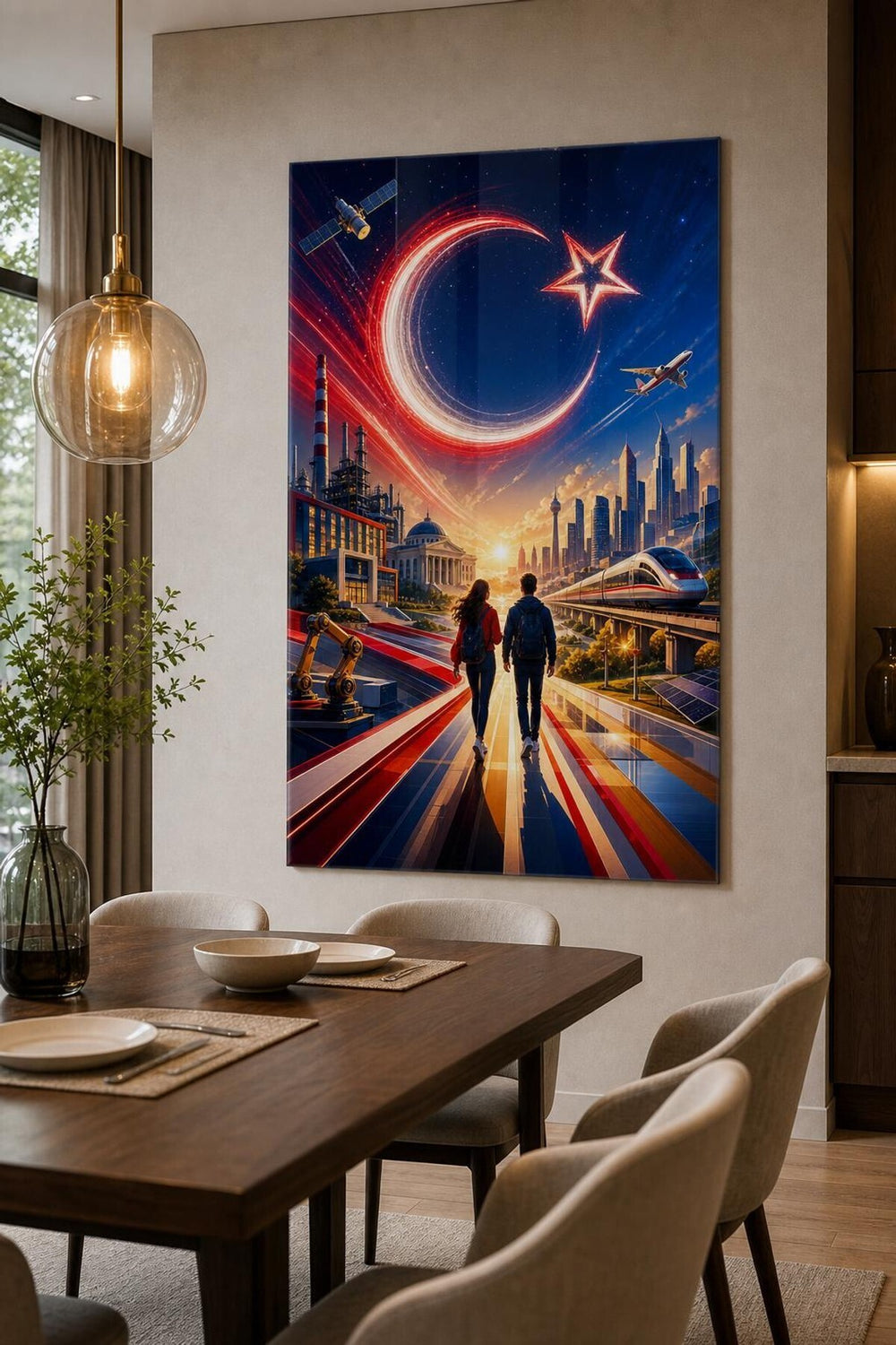 Fütüristik Türkiye Temalı Baskılı Cam Tablo – Ay Yıldız Modern Duvar Dekoru