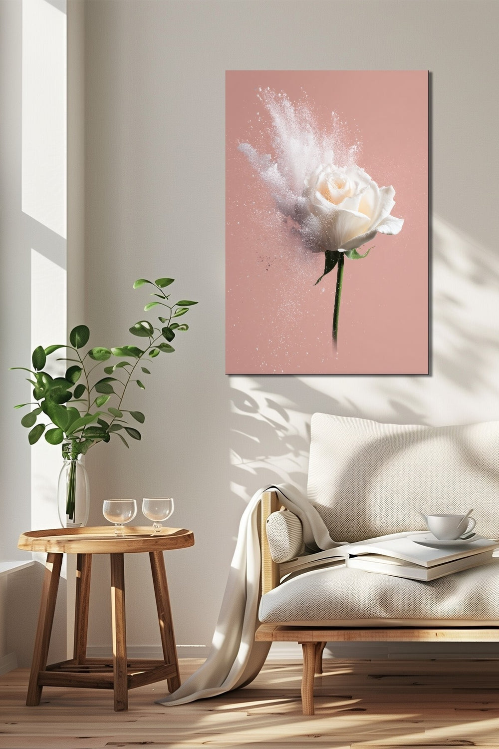 Beyaz Gül Pudra Arka Plan Baskılı Cam Tablo – Minimal Çiçek Sanatı UV Baskı