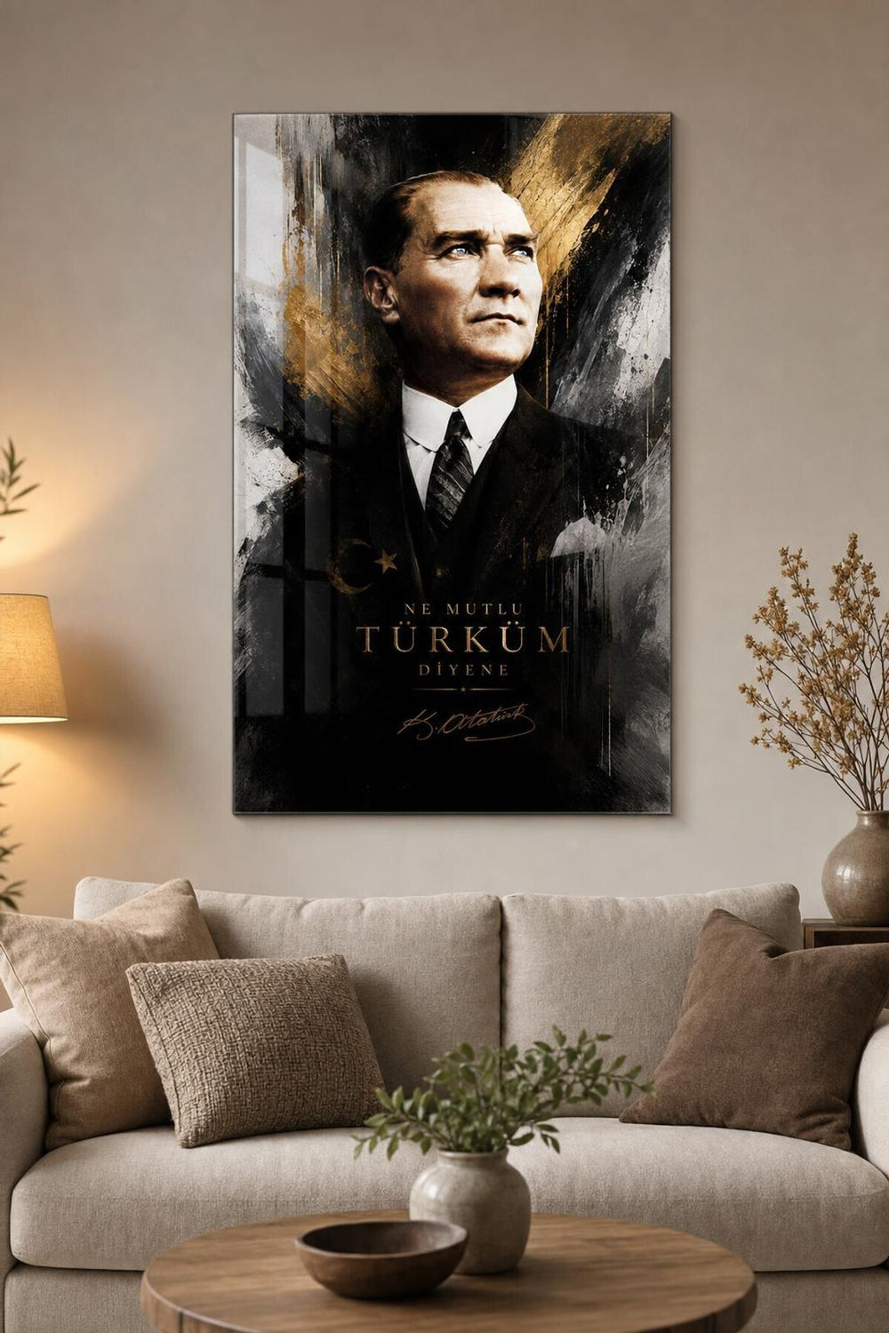 Atatürk Portre Baskılı Cam Tablo – Ne Mutlu Türküm Diyene UV Baskı Duvar Tablosu