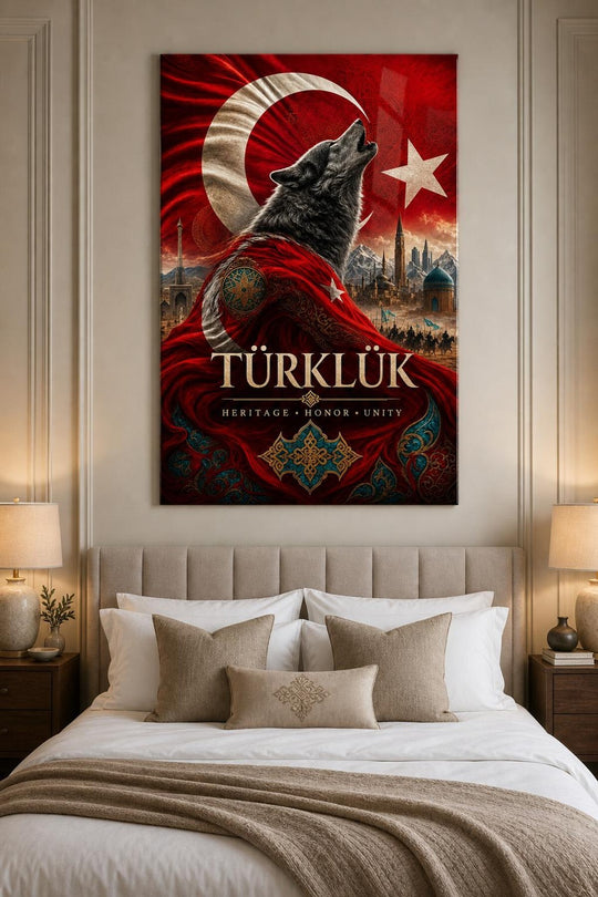 Türklük Bozkurt Temalı Baskılı Cam Tablo – Türk Bayrağı UV Baskı Duvar Dekoru