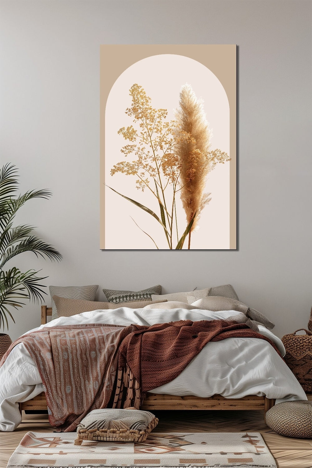 Pampas Otu Baskılı Cam Tablo – Bej Tonlu Minimalist Bitki Duvar Dekoru