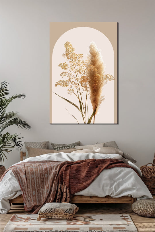 Pampas Otu Baskılı Cam Tablo – Bej Tonlu Minimalist Bitki Duvar Dekoru