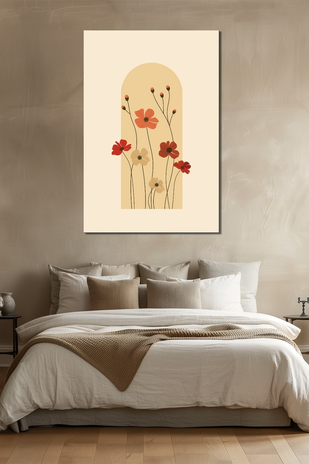 Minimalist Çiçek Baskılı Cam Tablo – Bohem Modern UV Baskı Duvar Dekoru