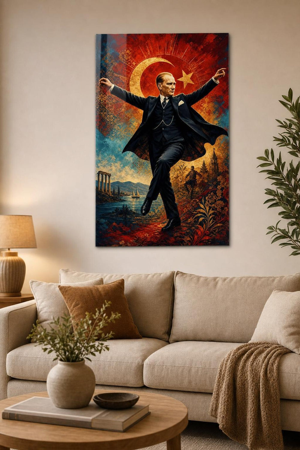 Atatürk Zeybek Modern Sanat Baskılı Cam Tablo – UV Baskı Dekoratif Duvar Tablosu