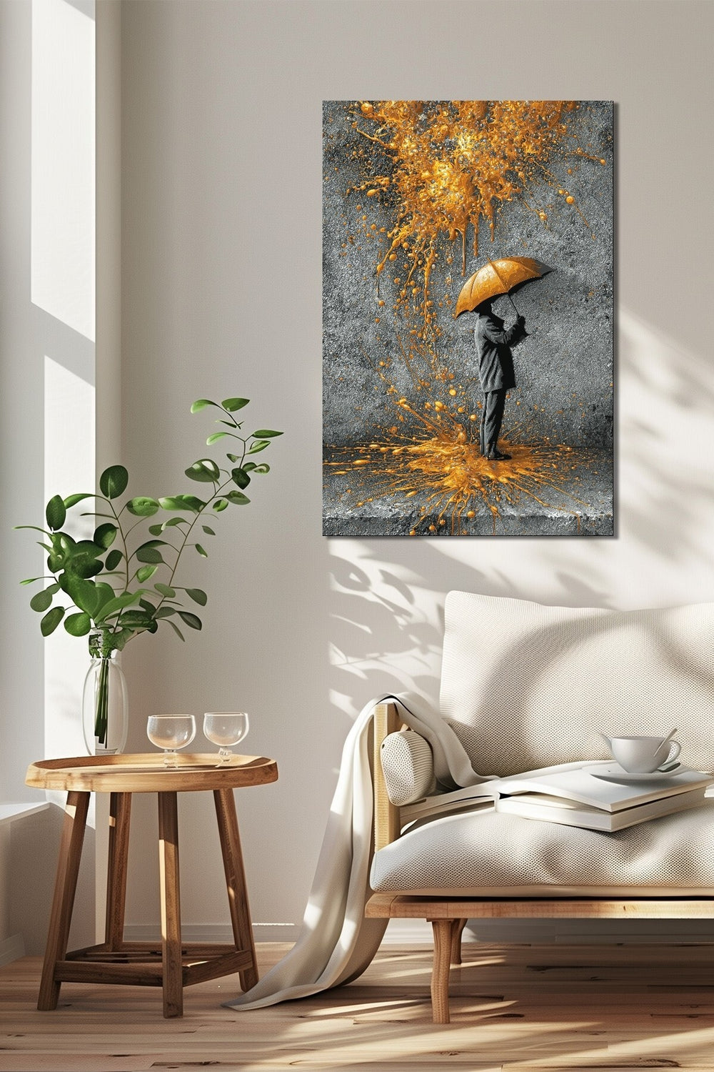 Şemsiyeli Adam Soyut Altın Sıçrama Baskılı Cam Tablo – Modern Sanat UV Baskı