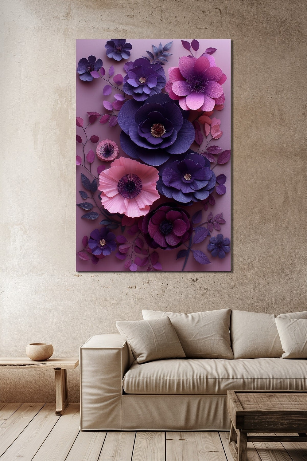 Çiçek Baskılı Cam Tablo – Mor ve Pembe 3D Floral Dekoratif Duvar Tablosu