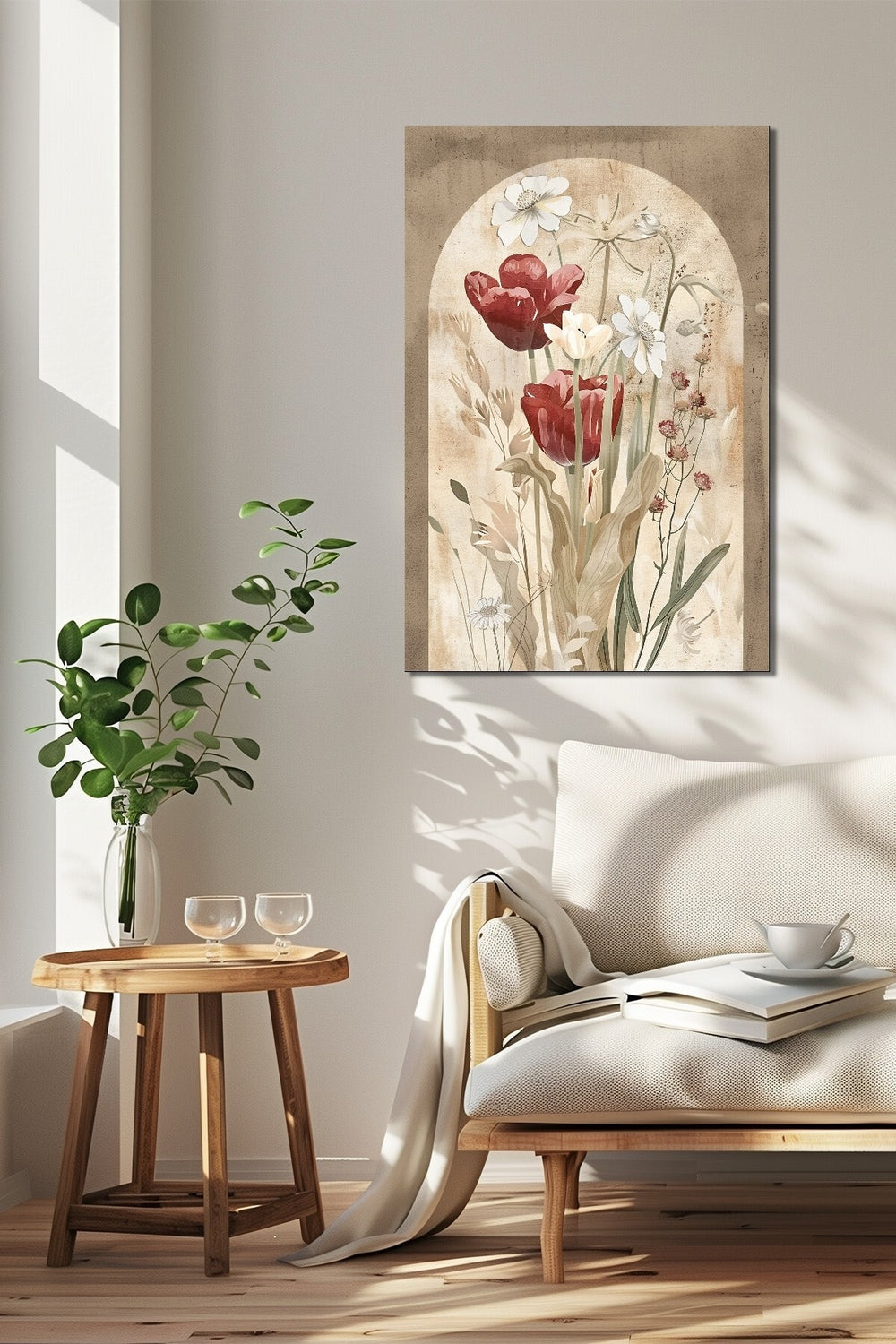 Vintage Lale Çiçek Baskılı Cam Tablo – Bej Tonlarda Kemer Detaylı Retro Floral Dekor