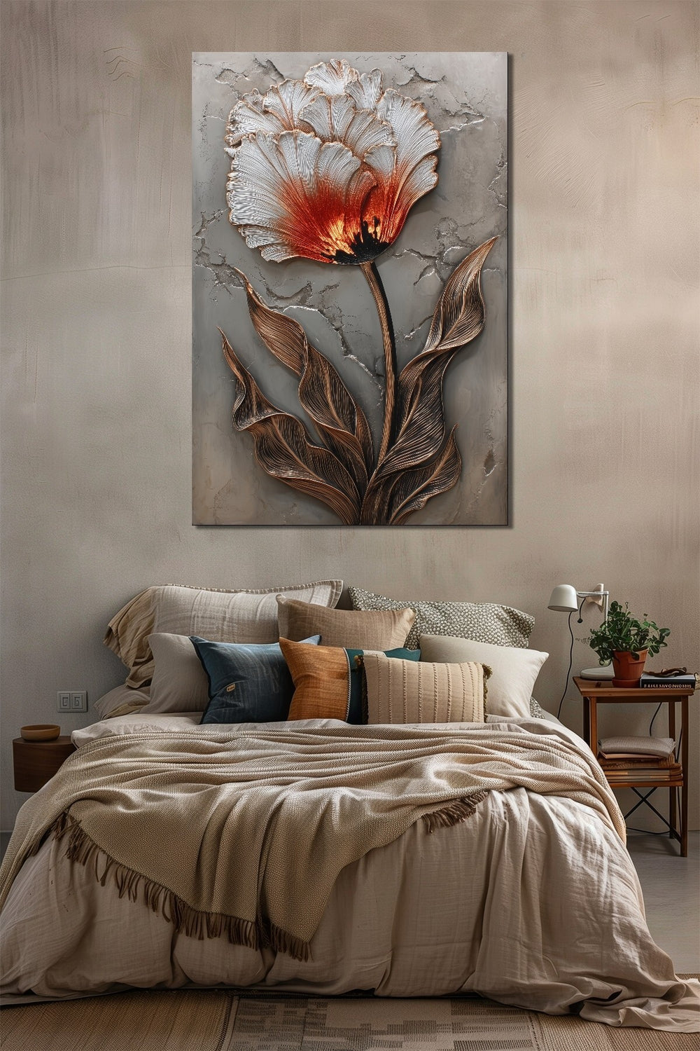Lale Çiçeği Baskılı Cam Tablo – Modern Kabartma Efektli Floral Duvar Dekoru