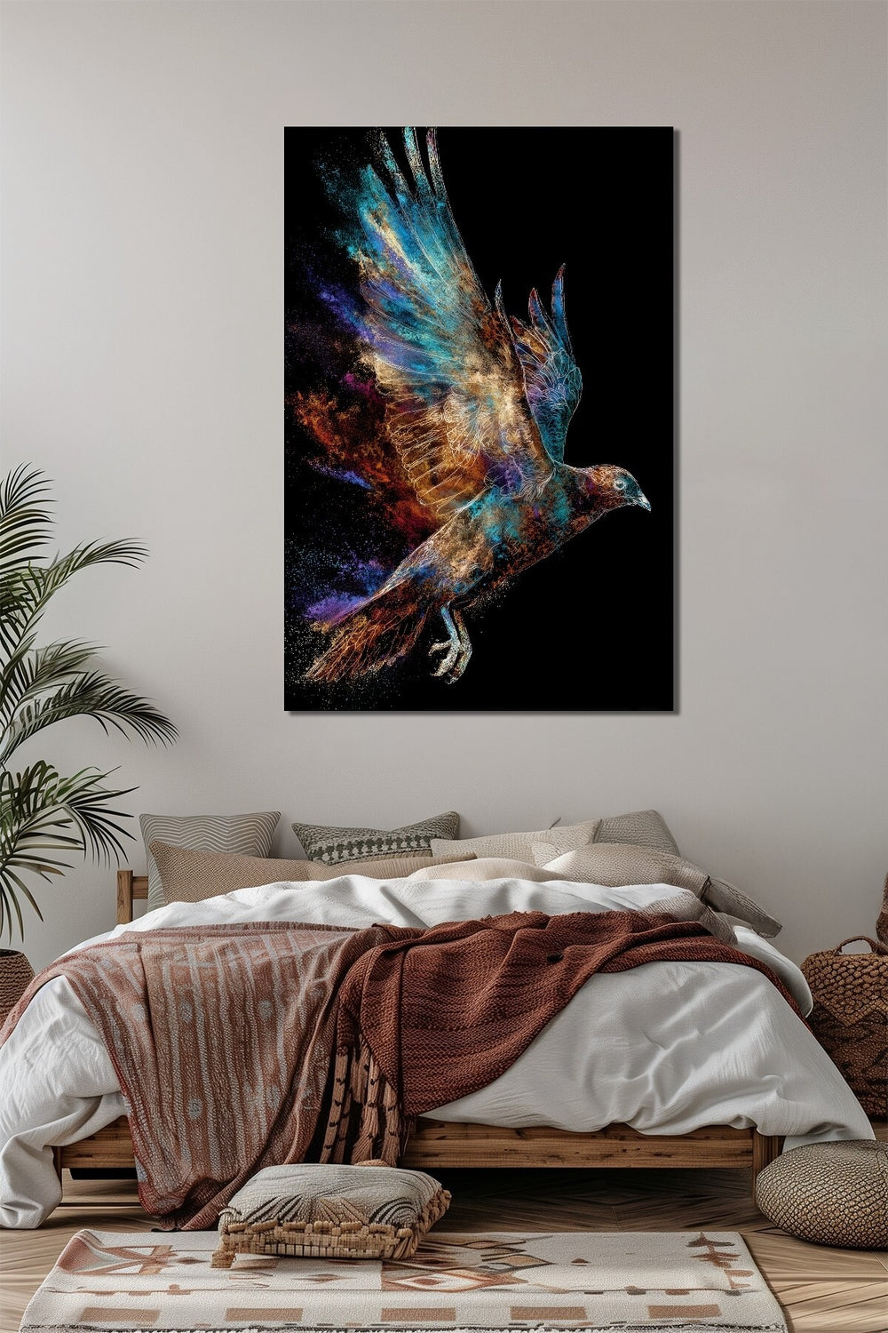 Renkli Uçan Kuş Baskılı Cam Tablo – Soyut Modern Sanat UV Baskı