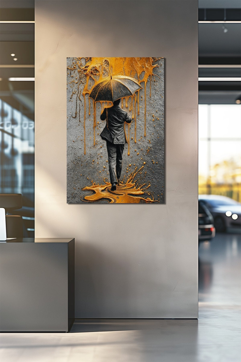 Şemsiyeli Adam Altın Yağmur Efektli Baskılı Cam Tablo – Modern Sanat UV Baskı