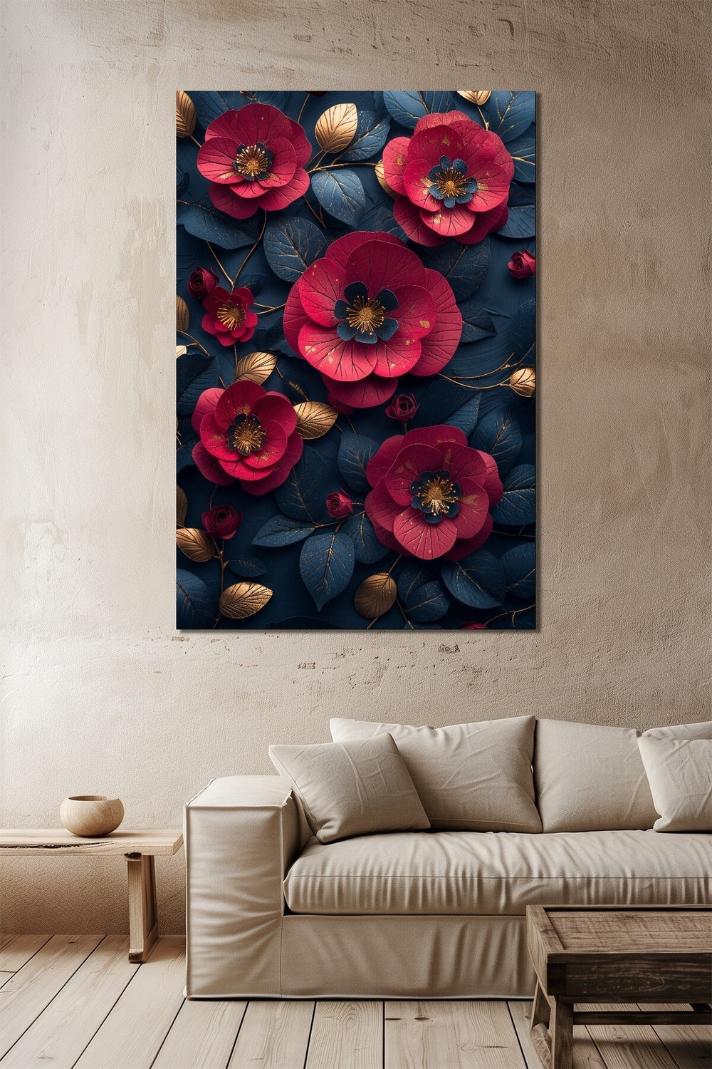 Çiçek Baskılı Cam Tablo – Kırmızı ve Lacivert 3D Floral Dekoratif Duvar Tablosu