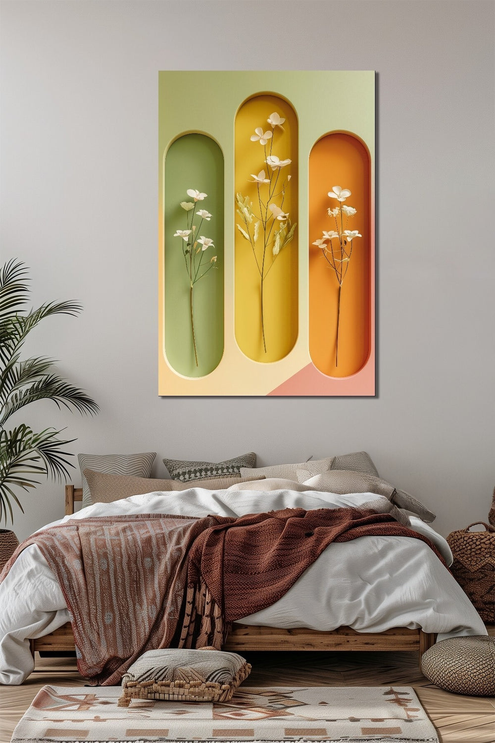 Minimalist Çiçek Baskılı Cam Tablo – Renkli Niş Tasarımlı Modern Dekoratif Duvar Tablosu