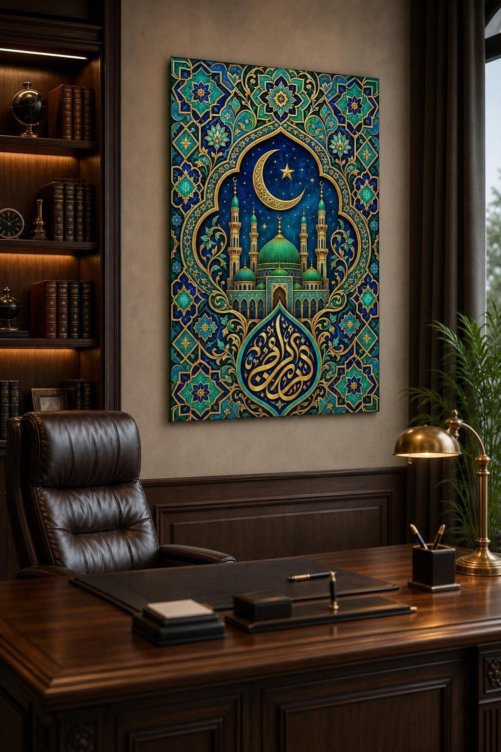 İslami Cami Desenli Baskılı Cam Tablo – Altın Varak Görünümlü Dekoratif Duvar Tablosu