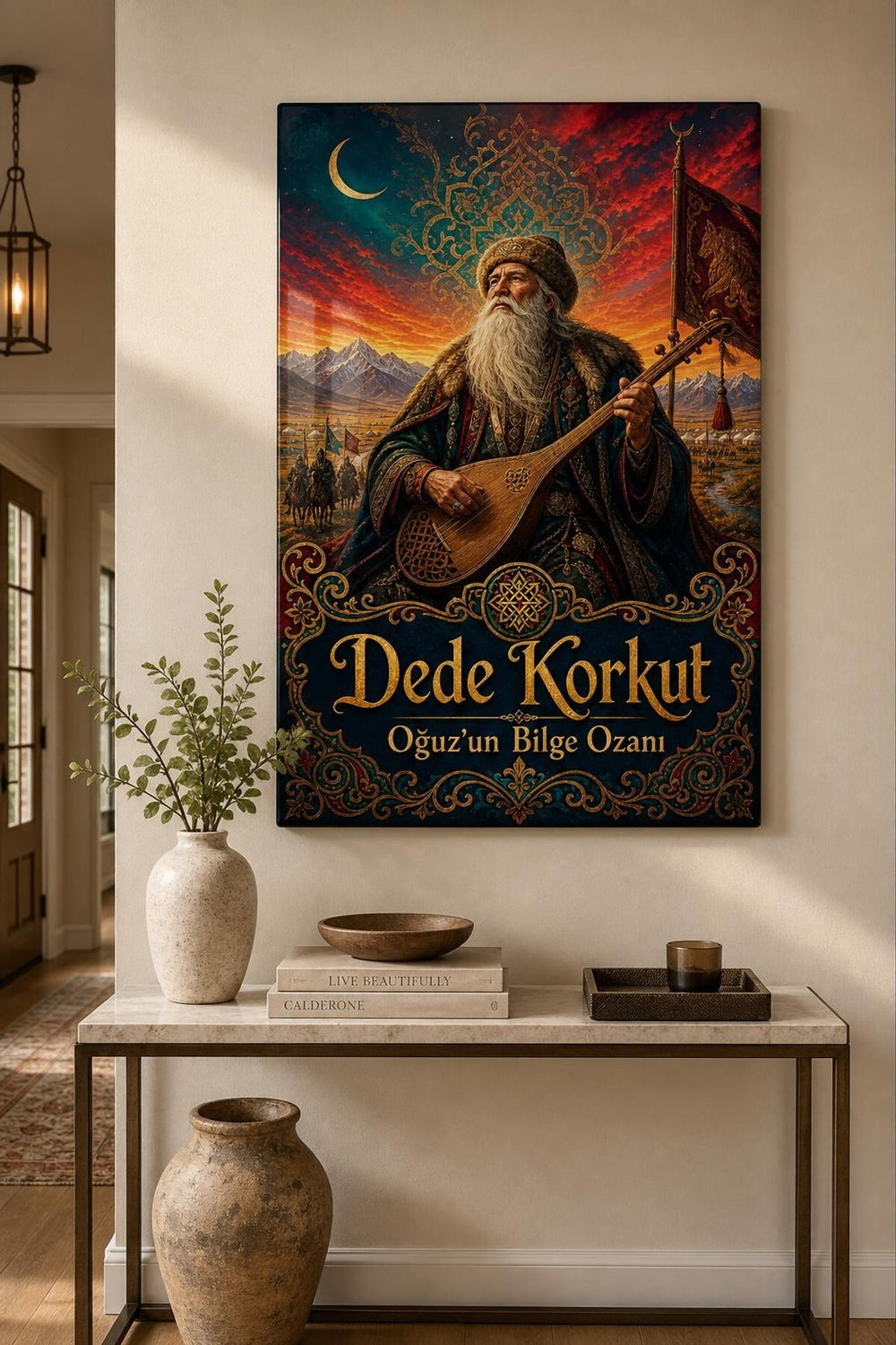 Dede Korkut Temalı Baskılı Cam Tablo – Türk Kültürü Dekoratif Duvar Tablosu
