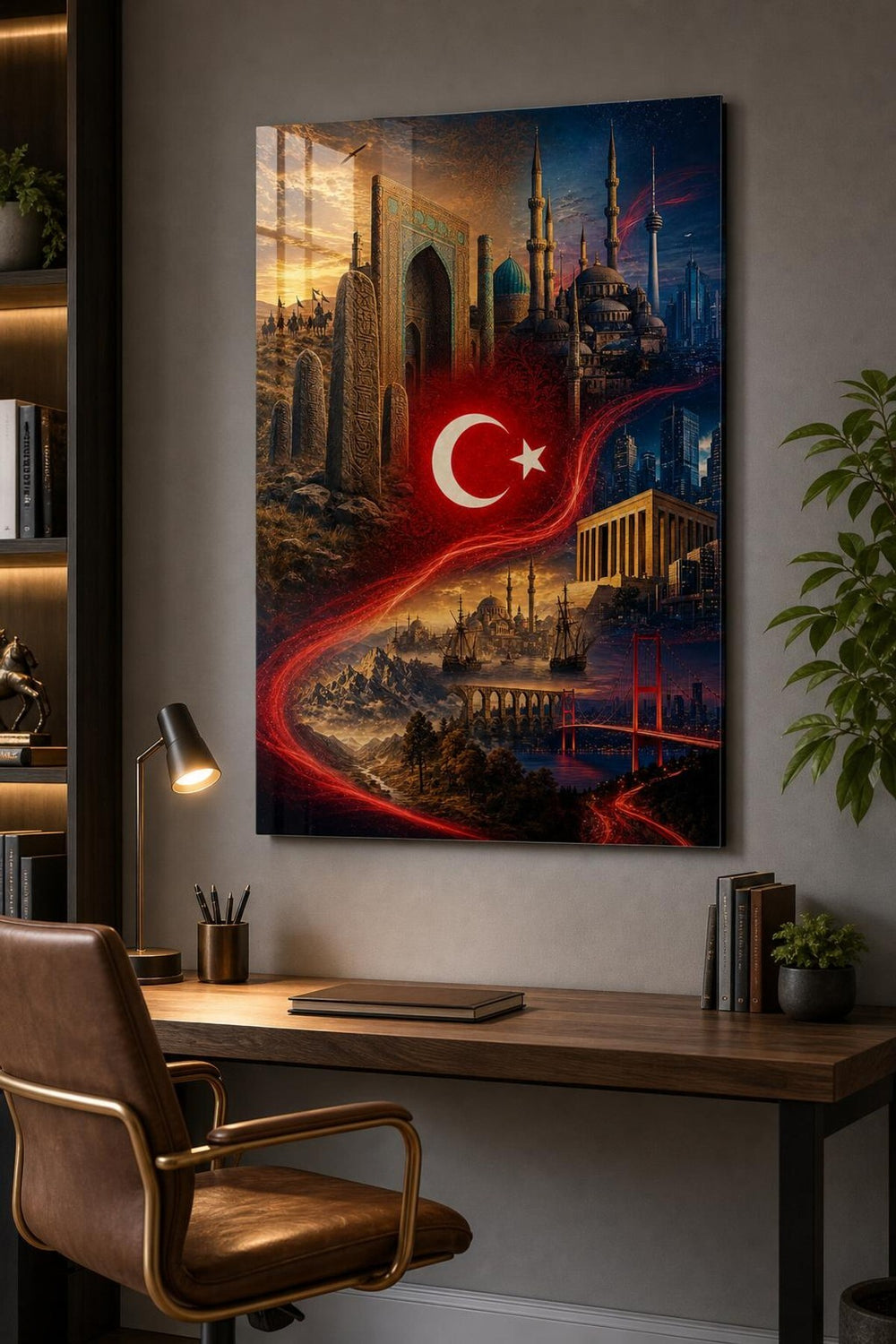 Türkiye Temalı Baskılı Cam Tablo – Türk Bayrağı ve Tarihi Mimari Duvar Dekoru