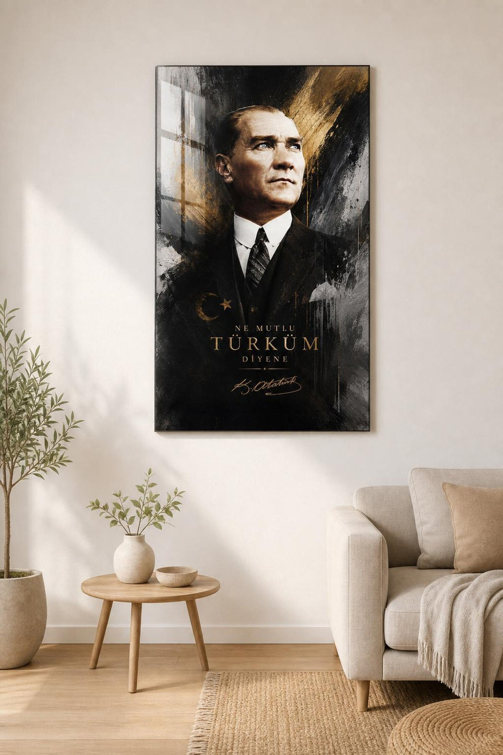 Atatürk Portre Baskılı Cam Tablo – Ne Mutlu Türküm Diyene UV Baskı Duvar Tablosu