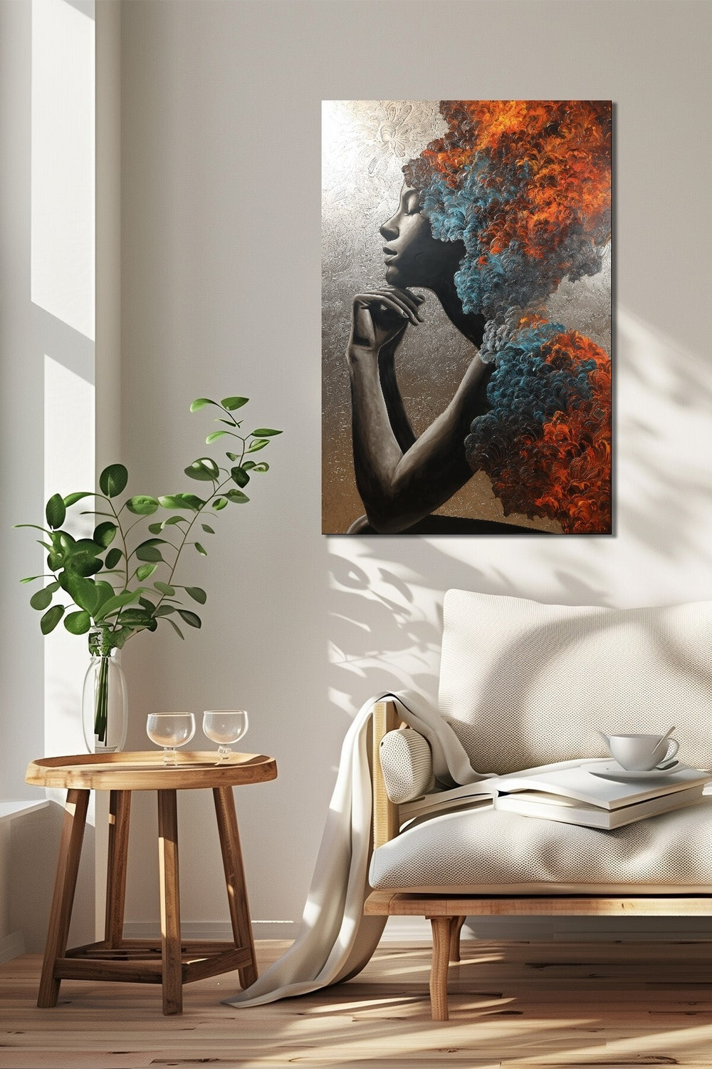 Soyut Kadın Portre Renk Patlaması Baskılı Cam Tablo – Modern Sanatsal UV Baskı Dekor