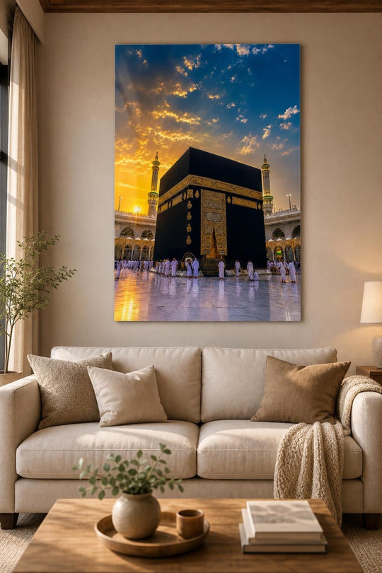 Gün Batımında Kabe Baskılı Cam Tablo – Manevi UV Baskı Dekoratif Duvar Tablosu