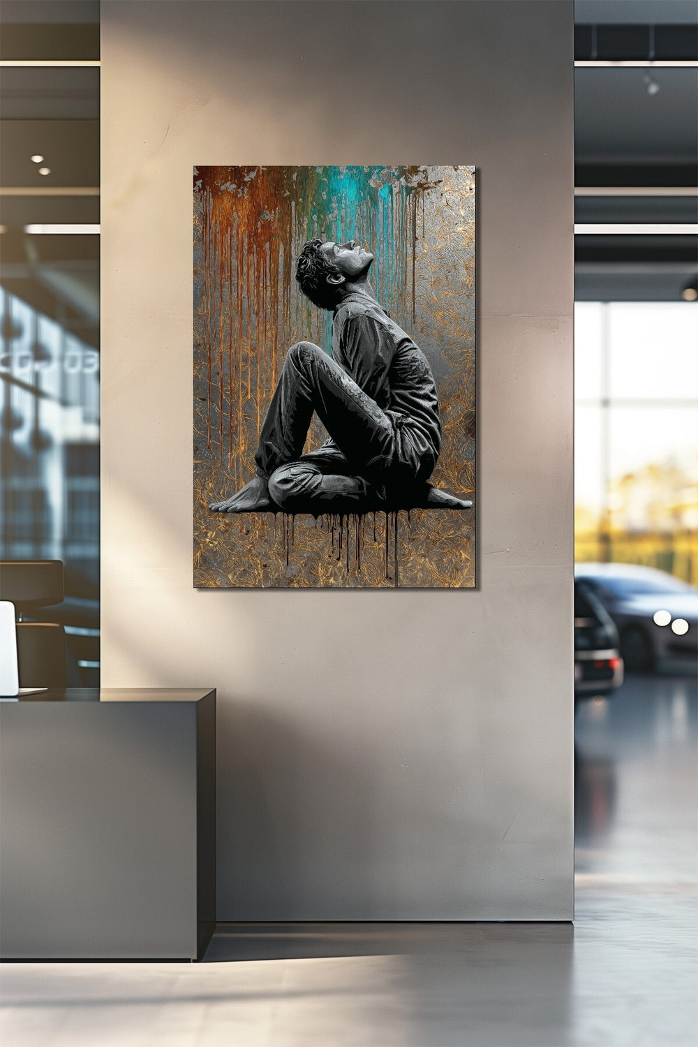 Düşünen Adam Silüeti Baskılı Cam Tablo – Modern Sanat Renk Akışlı UV Baskı Dekoratif Tablo