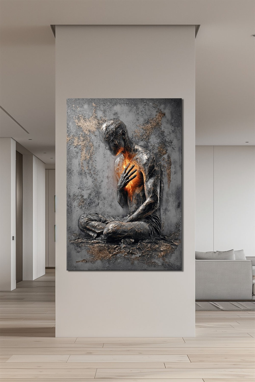 Yanan Kalp Meditasyon Baskılı Cam Tablo – İçsel Güç ve Enerji Temalı Duvar Dekoru