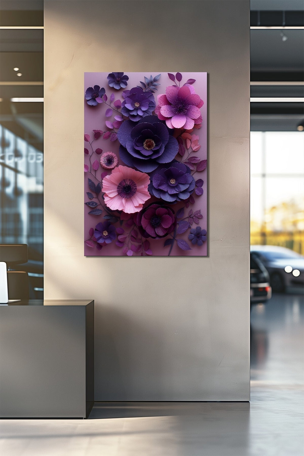 Çiçek Baskılı Cam Tablo – Mor ve Pembe 3D Floral Dekoratif Duvar Tablosu