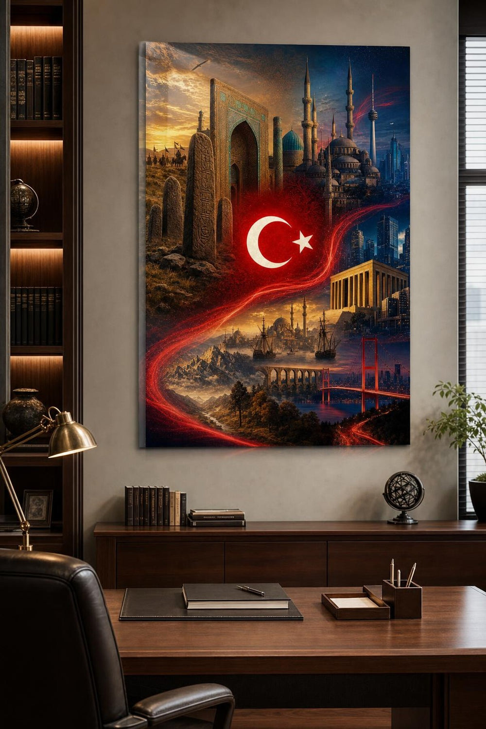 Türkiye Temalı Baskılı Cam Tablo – Türk Bayrağı ve Tarihi Mimari Duvar Dekoru