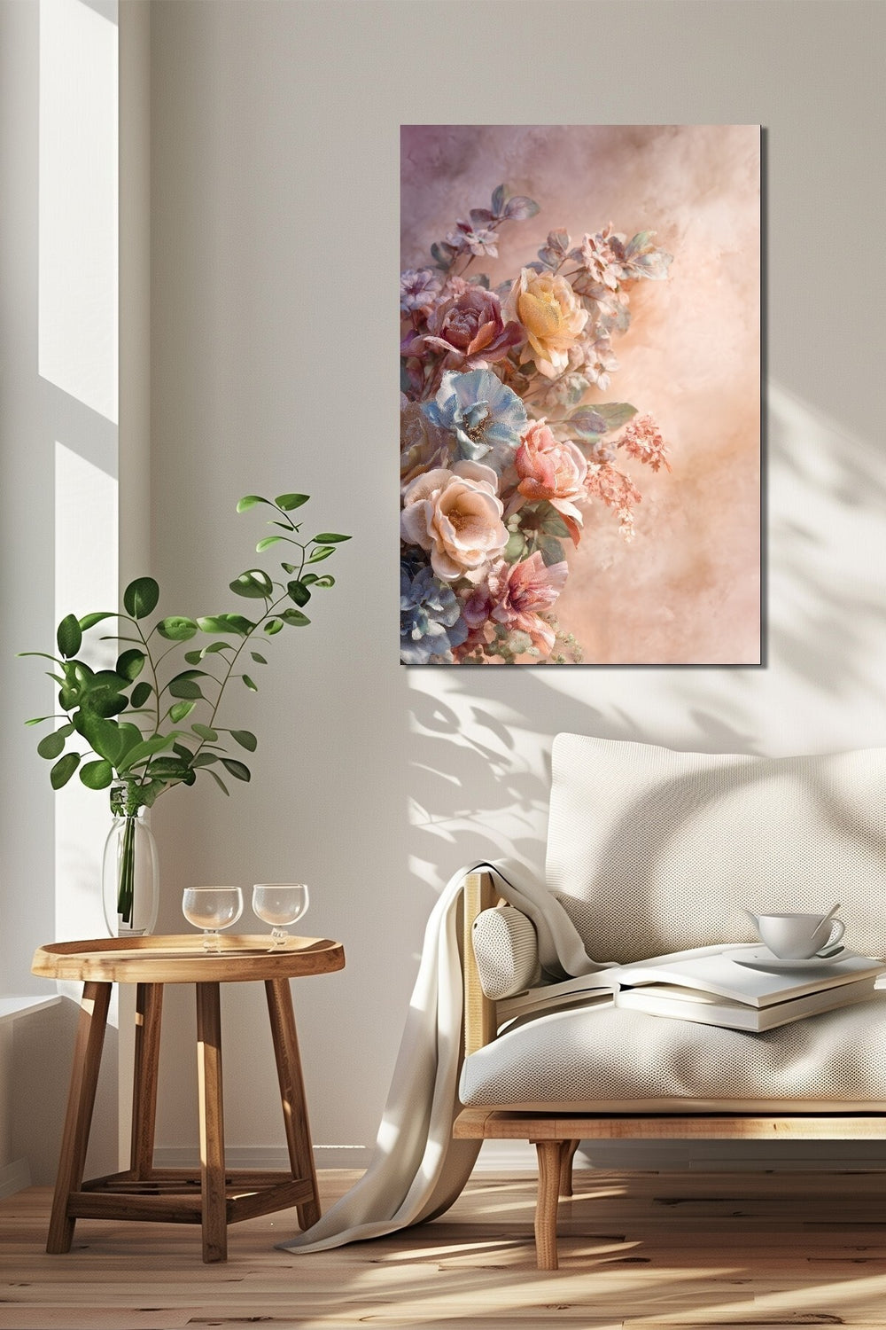 Çiçek Buketi Baskılı Cam Tablo – Pastel Tonlu Floral Duvar Dekoru