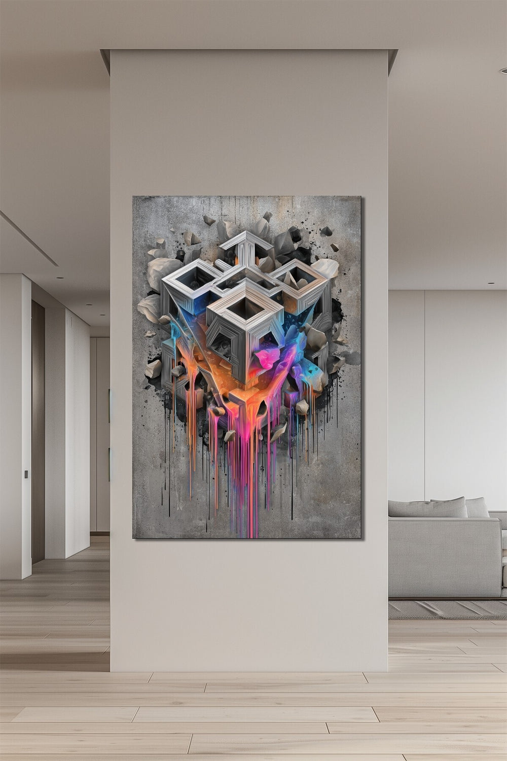 Geometrik Küp Baskılı Cam Tablo – Renk Akışlı 3D Modern Duvar Dekoru