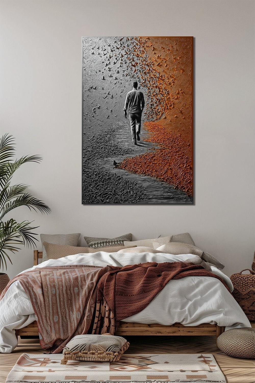 Yürüyen Adam Baskılı Cam Tablo – Soyut Yol ve Kuşlar Modern Duvar Dekoru