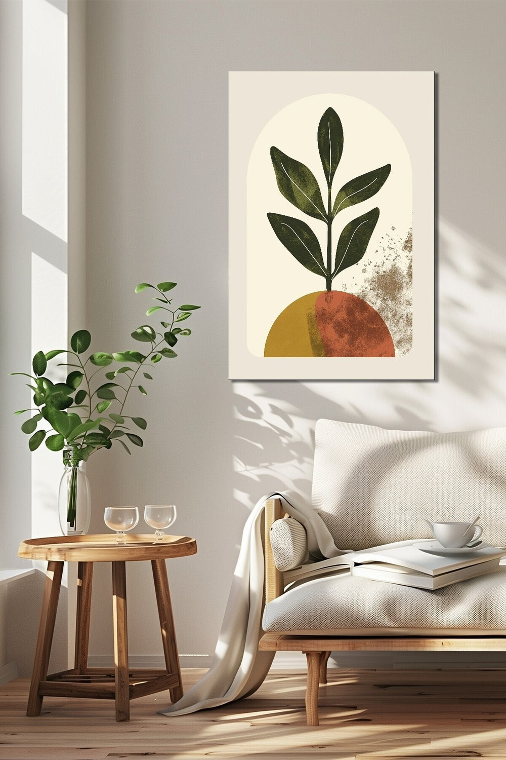 Minimalist Yaprak Baskılı Cam Tablo – Soyut Bitki Desenli Modern Duvar Dekoru