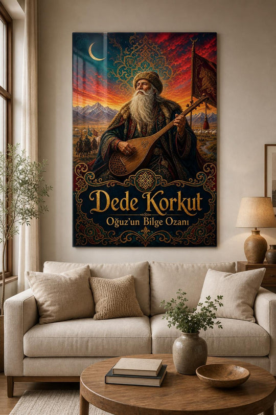 Dede Korkut Temalı Baskılı Cam Tablo – Türk Kültürü Dekoratif Duvar Tablosu