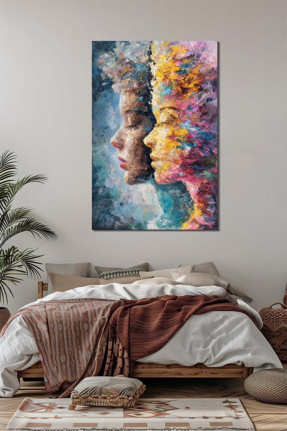 Soyut Çift Yüz Portre Baskılı Cam Tablo – Renkli Modern Sanat Duvar Dekoru