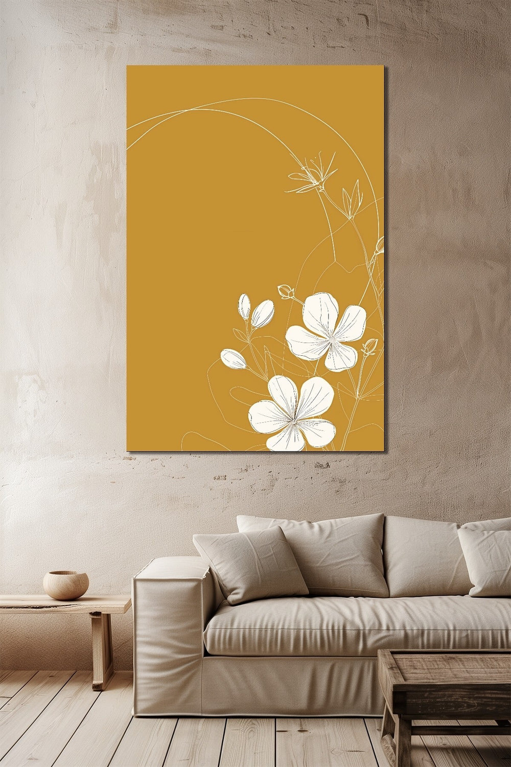 Minimalist Çizgi Çiçek Baskılı Cam Tablo – Hardal Sarı Modern UV Baskı Duvar Dekoru