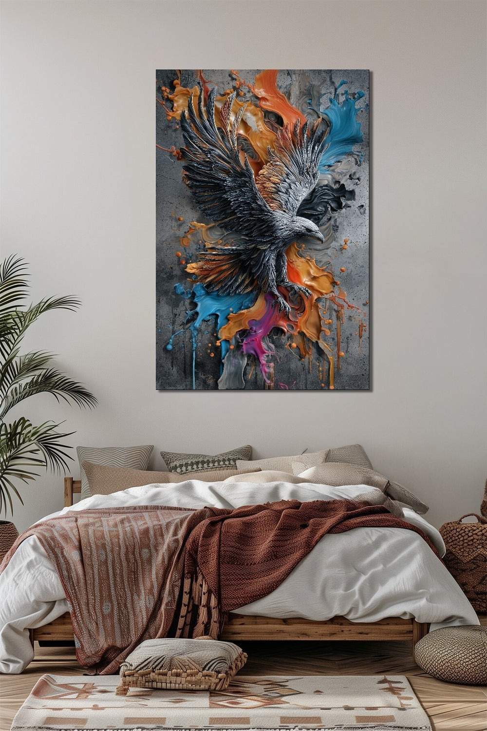Kartal Figürü Renk Patlaması Baskılı Cam Tablo – Modern Güçlü Hayvan UV Baskı Dekor