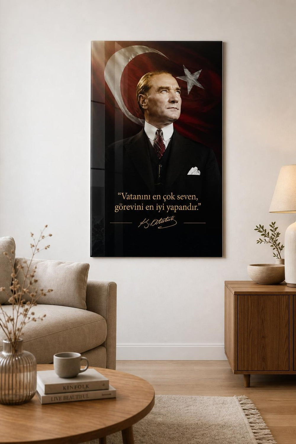 Atatürk Türk Bayrağı Baskılı Cam Tablo – Sözlü UV Baskı Dekoratif Duvar Tablosu