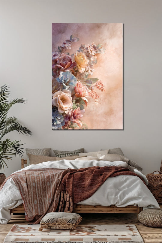 Çiçek Buketi Baskılı Cam Tablo – Pastel Tonlu Floral Duvar Dekoru