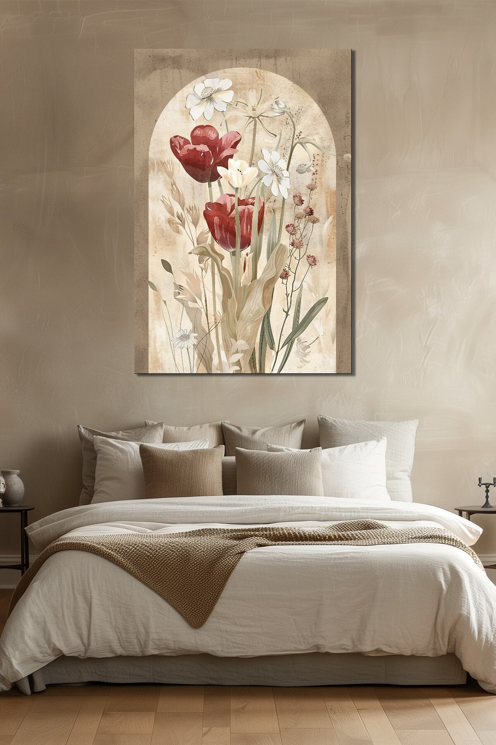 Vintage Lale Çiçek Baskılı Cam Tablo – Bej Tonlarda Kemer Detaylı Retro Floral Dekor