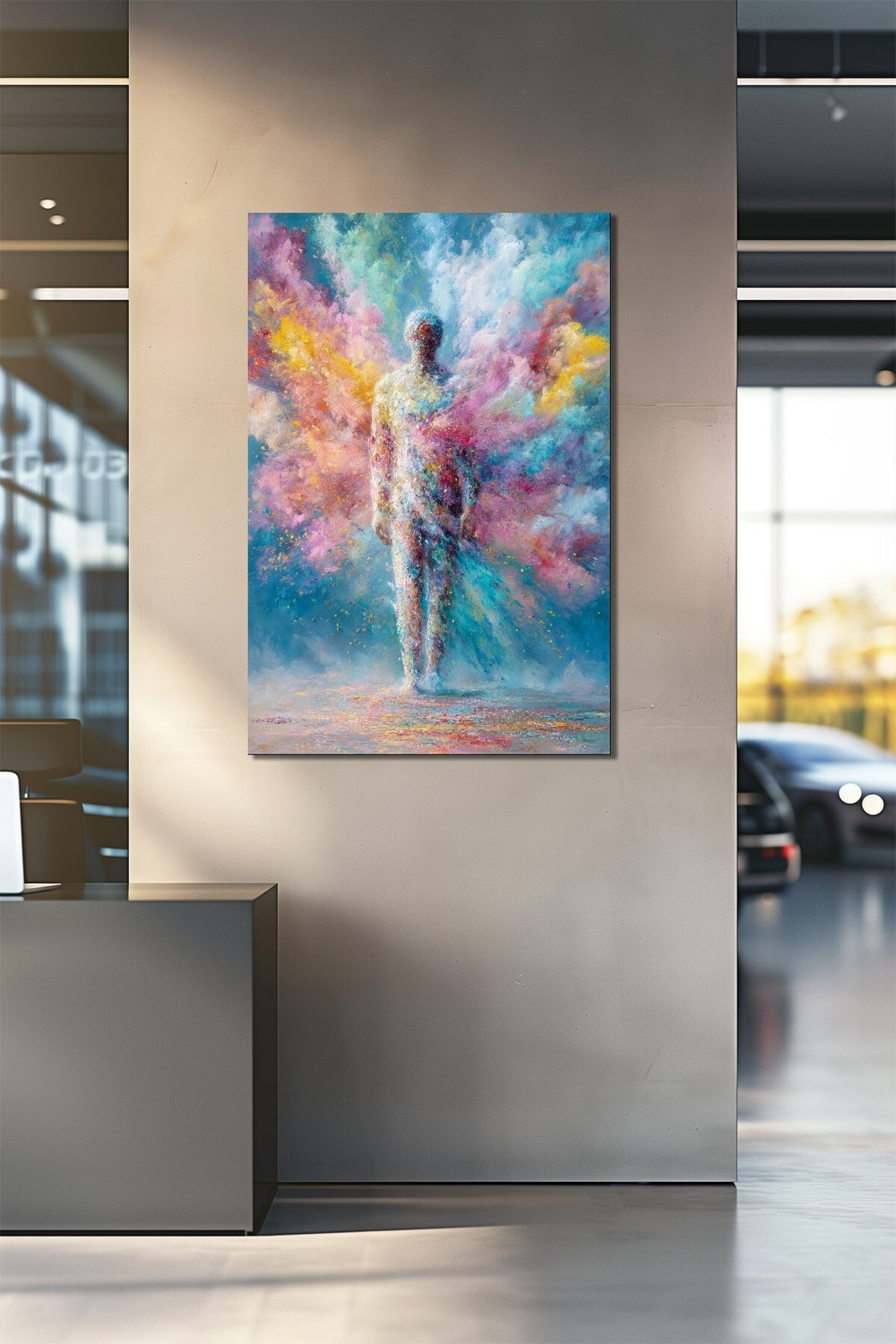 Renkli İnsan Silüeti Soyut Sanat Baskılı Cam Tablo – Modern Dekoratif Duvar Tablosu