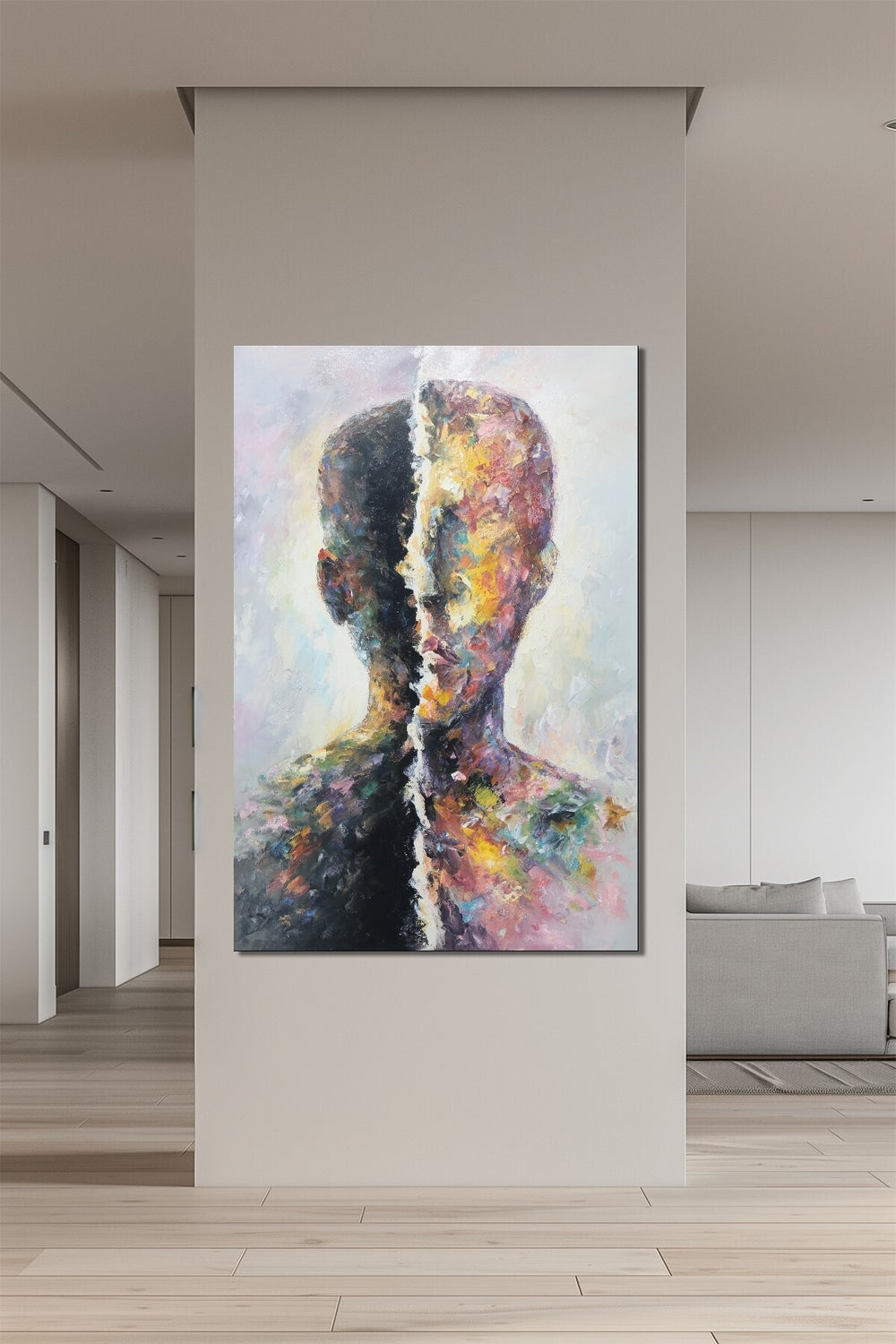 Soyut İnsan Silüeti Baskılı Cam Tablo – Renkli Portre Modern Sanat Duvar Dekoru