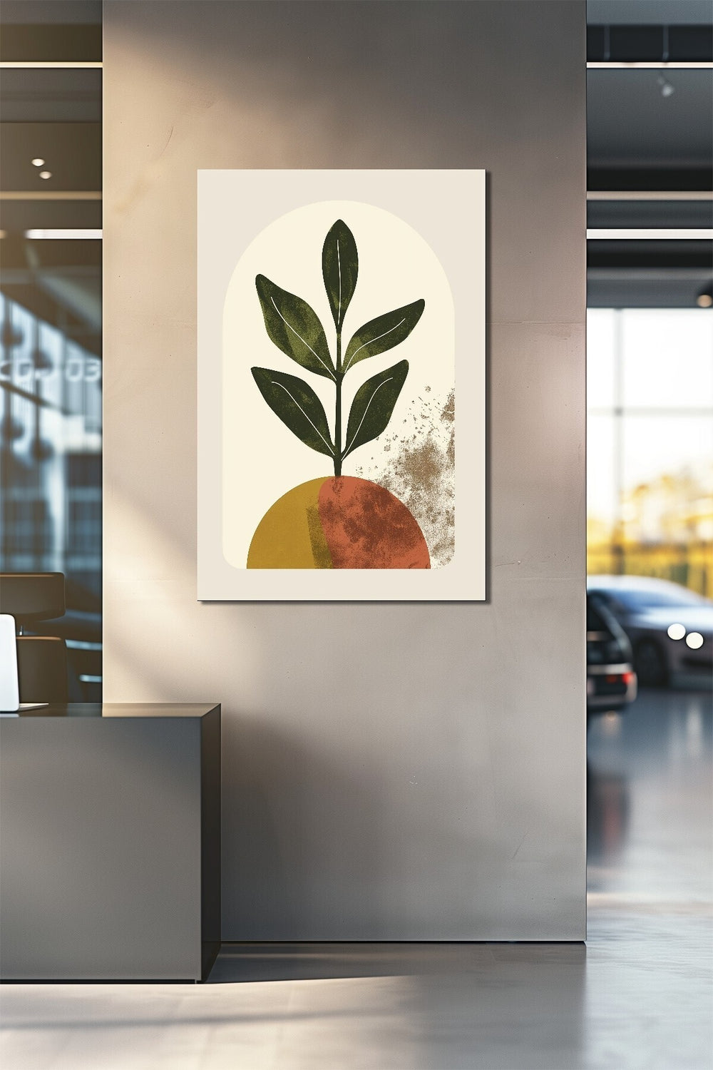 Minimalist Yaprak Baskılı Cam Tablo – Soyut Bitki Desenli Modern Duvar Dekoru