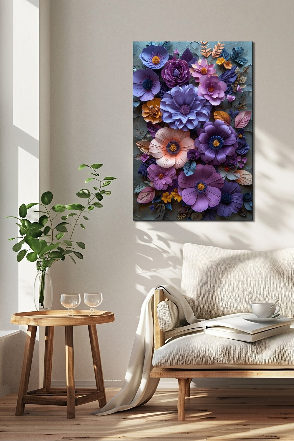 Çiçek Baskılı Cam Tablo – Renkli 3D Floral Tasarım Dekoratif Duvar Tablosu