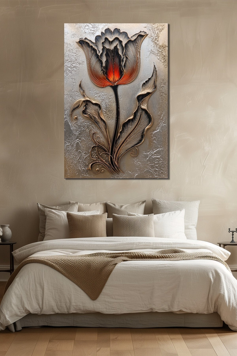 Lale Çiçeği Baskılı Cam Tablo – Kabartma Efektli Modern Floral Duvar Dekoru