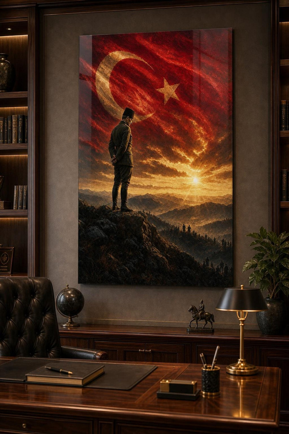 Atatürk ve Türk Bayrağı Baskılı Cam Tablo – UV Baskı Milli Dekoratif Duvar Tablosu