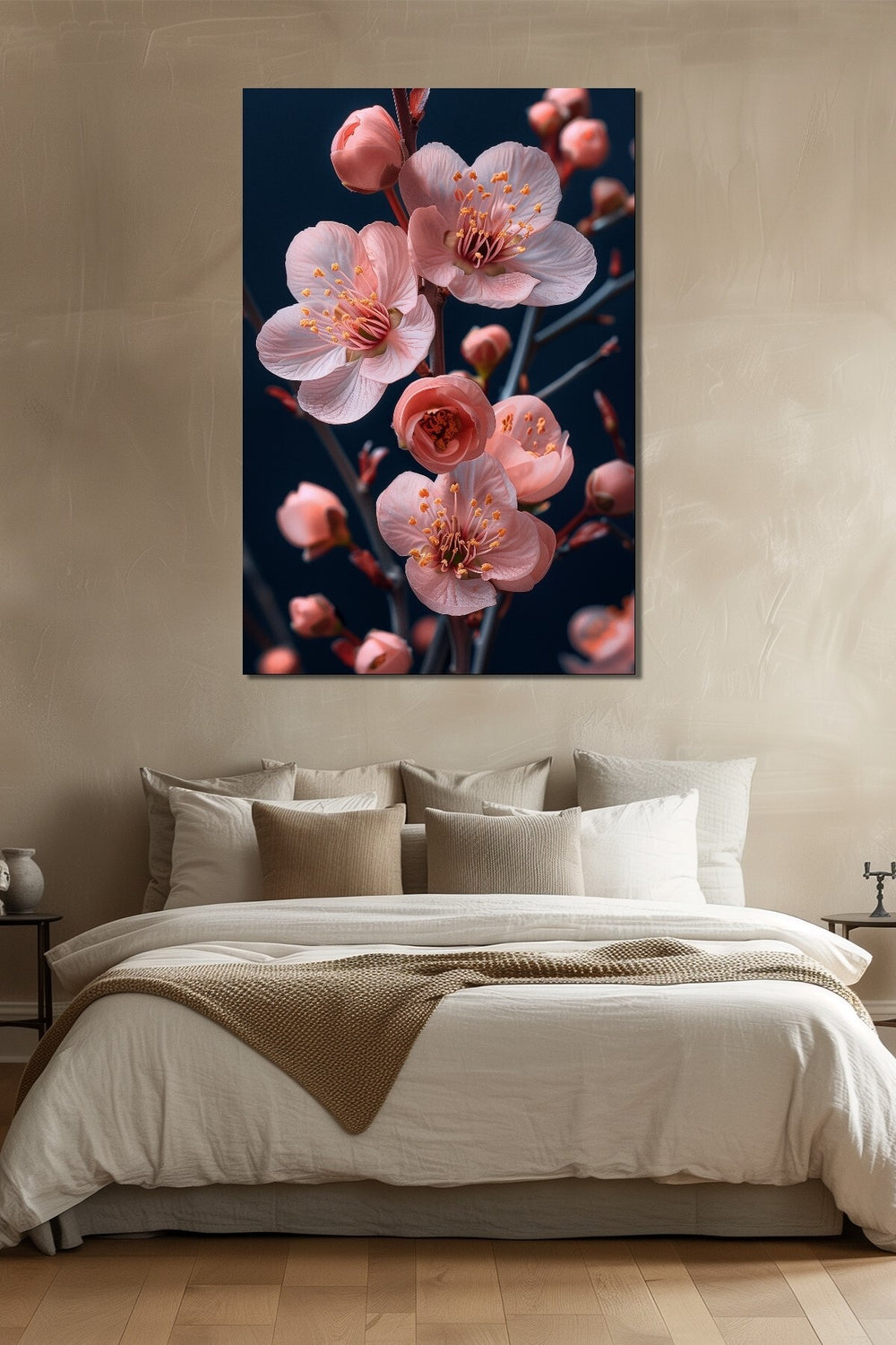 Pembe Çiçek Baskılı Cam Tablo – Sakura Dalı Desenli Dekoratif Duvar Tablosu