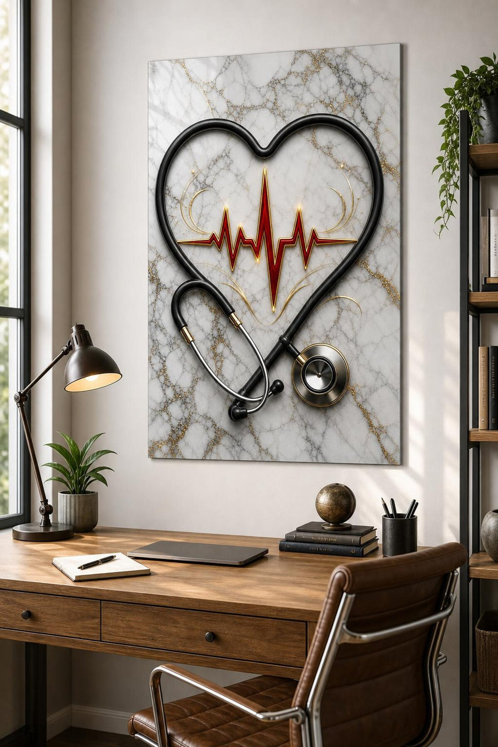 Doktor Kalp EKG Desenli Baskılı Cam Tablo – UV Baskı Medikal Duvar Dekoru