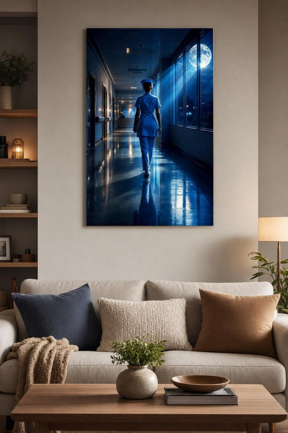 Gece Nöbeti Hemşire Baskılı Cam Tablo – UV Baskı Modern Hastane Duvar Dekoru