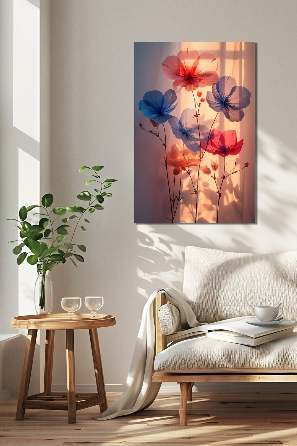Çiçek Baskılı Cam Tablo – Gün Işığı Efektli Renkli Floral Dekoratif Duvar Tablosu