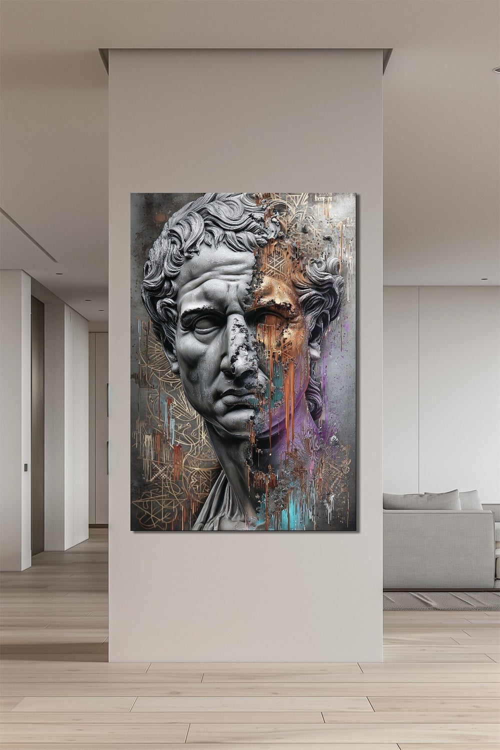 Antik Heykel Baskılı Cam Tablo – Modern Dokunuşlu Klasik Sanat Duvar Dekoru